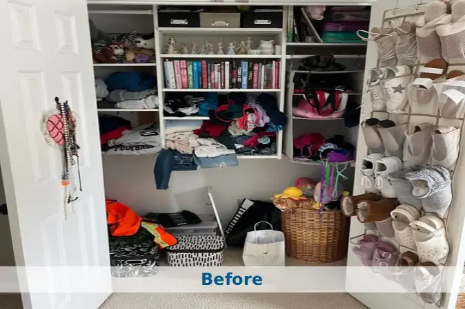 Before image of messy closet full of items.