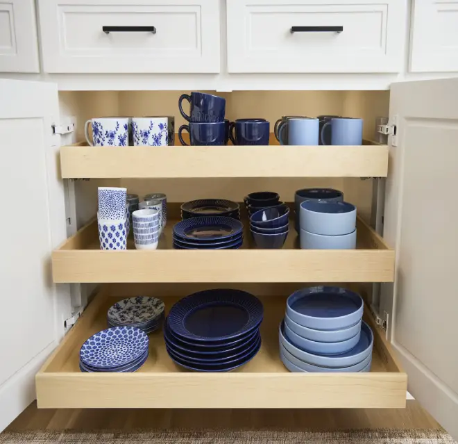 Kitchen pull out shelves full of items.