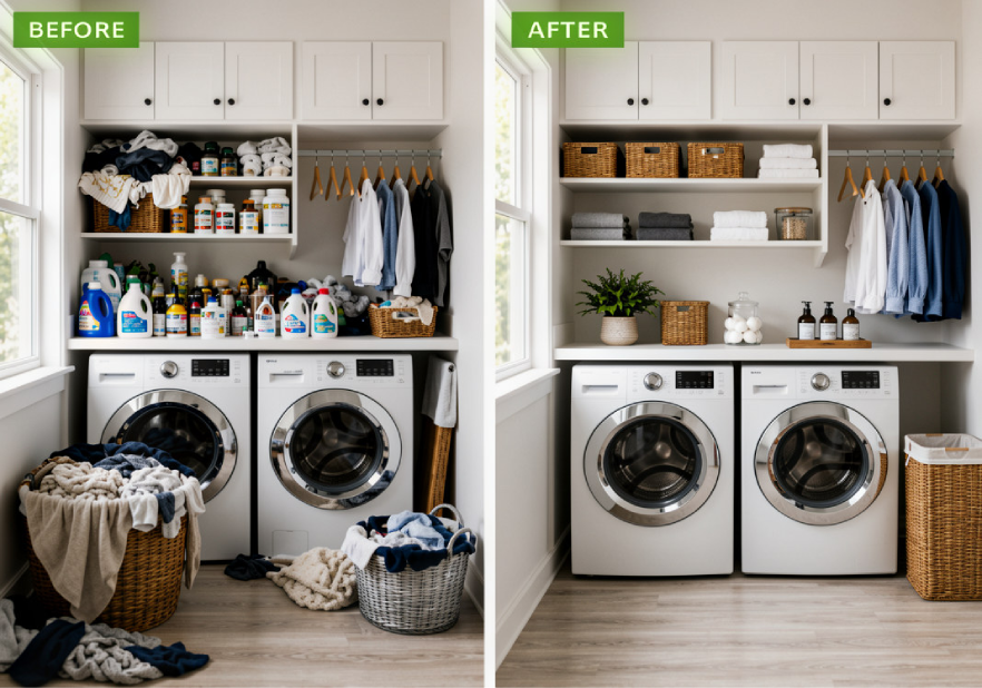 Laundry room with washer and dryer and shelves full of items with before and after verbiage.