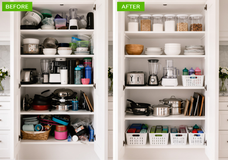 Kitchen cabinets full of items with before and after verbiage.
