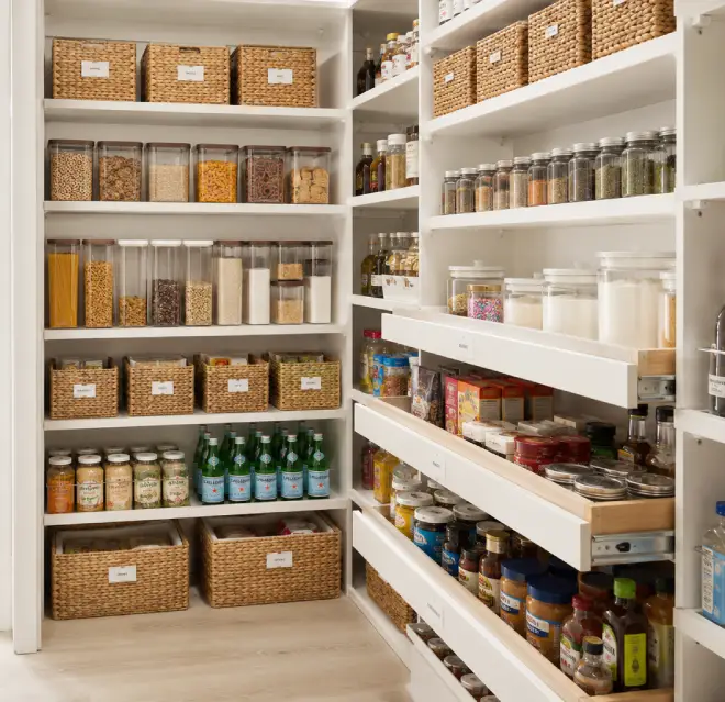Pantry shelves full of items.