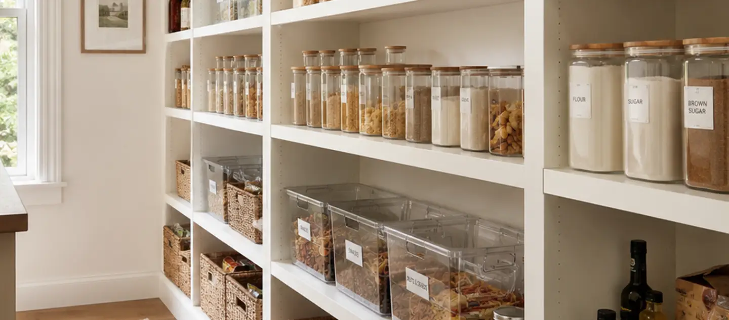 Pantry shelves full of items.