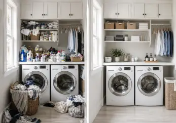 Laundry room with washer and dryer and shelves full of items.