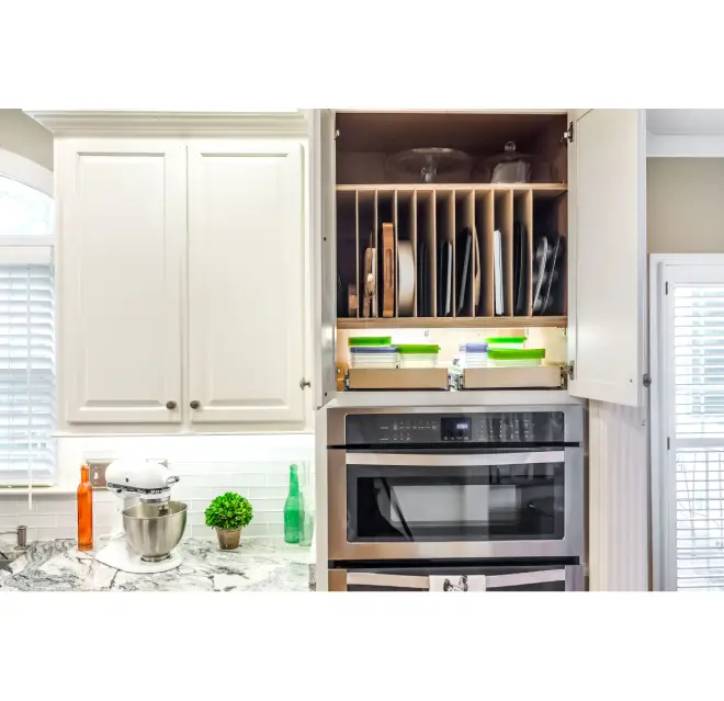 Shelving above microwave.