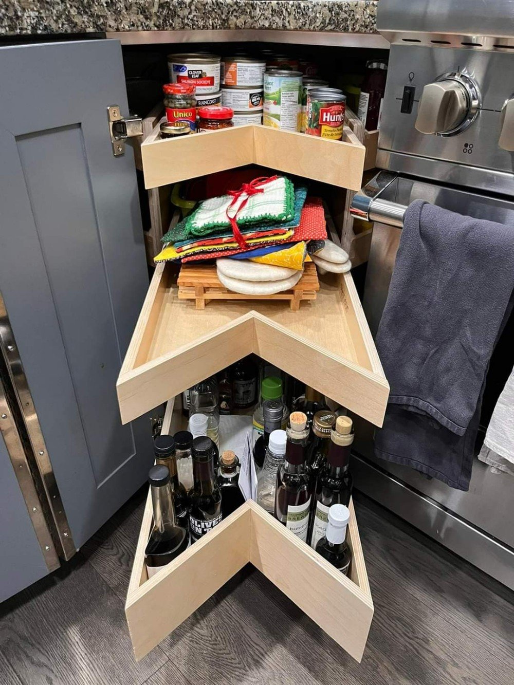 corner cabinet shelving, corner cupboard storage, corner storage, kitchen corner