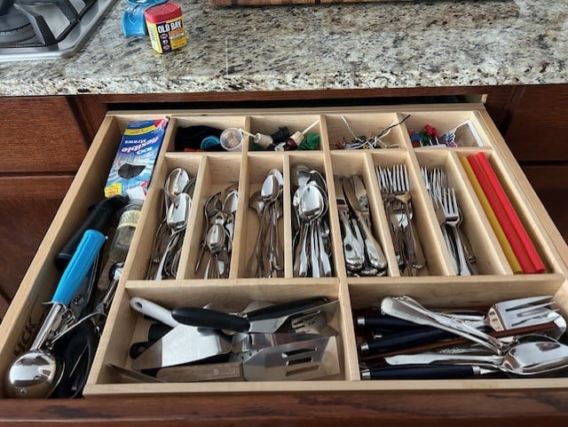This customer wanted the same number of spaces as her 20 plus year old Rubbermaid silverware trays. So here is what we came up with. She absolutely loves it!