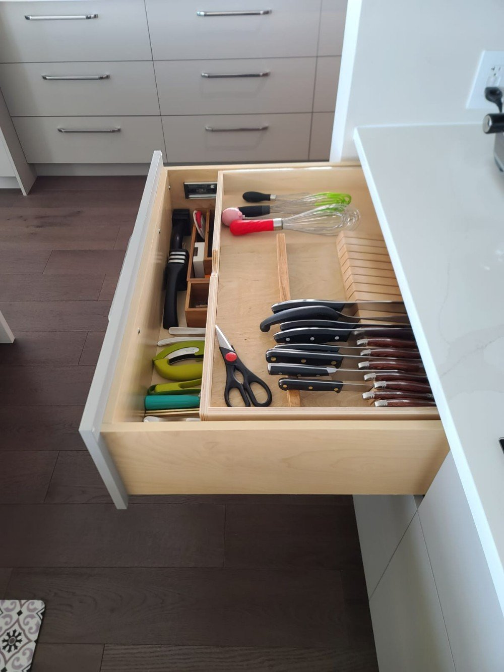 cutlery drawer, custom inserts, hidden drawers, cutlery organizer, knife block insert, knife block in drawer