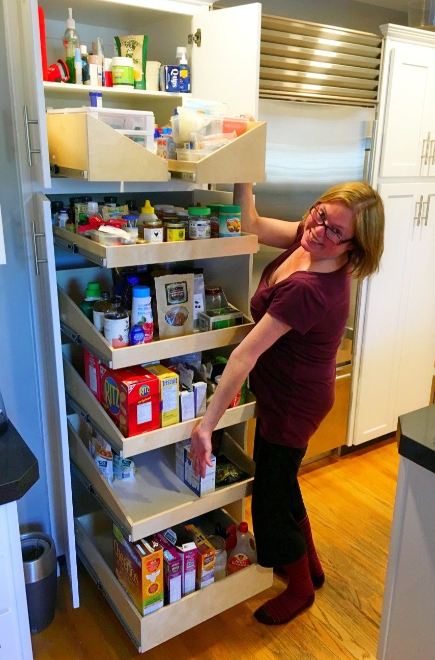 pantry shelves, pantry organization, food pantry, stocked pantry, glide-out shelving, glide-out shelves