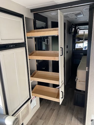 Every square inch of storage counts in an RV - ShelfGenie can reclaim those nooks and crannies with awesome solutions like this!