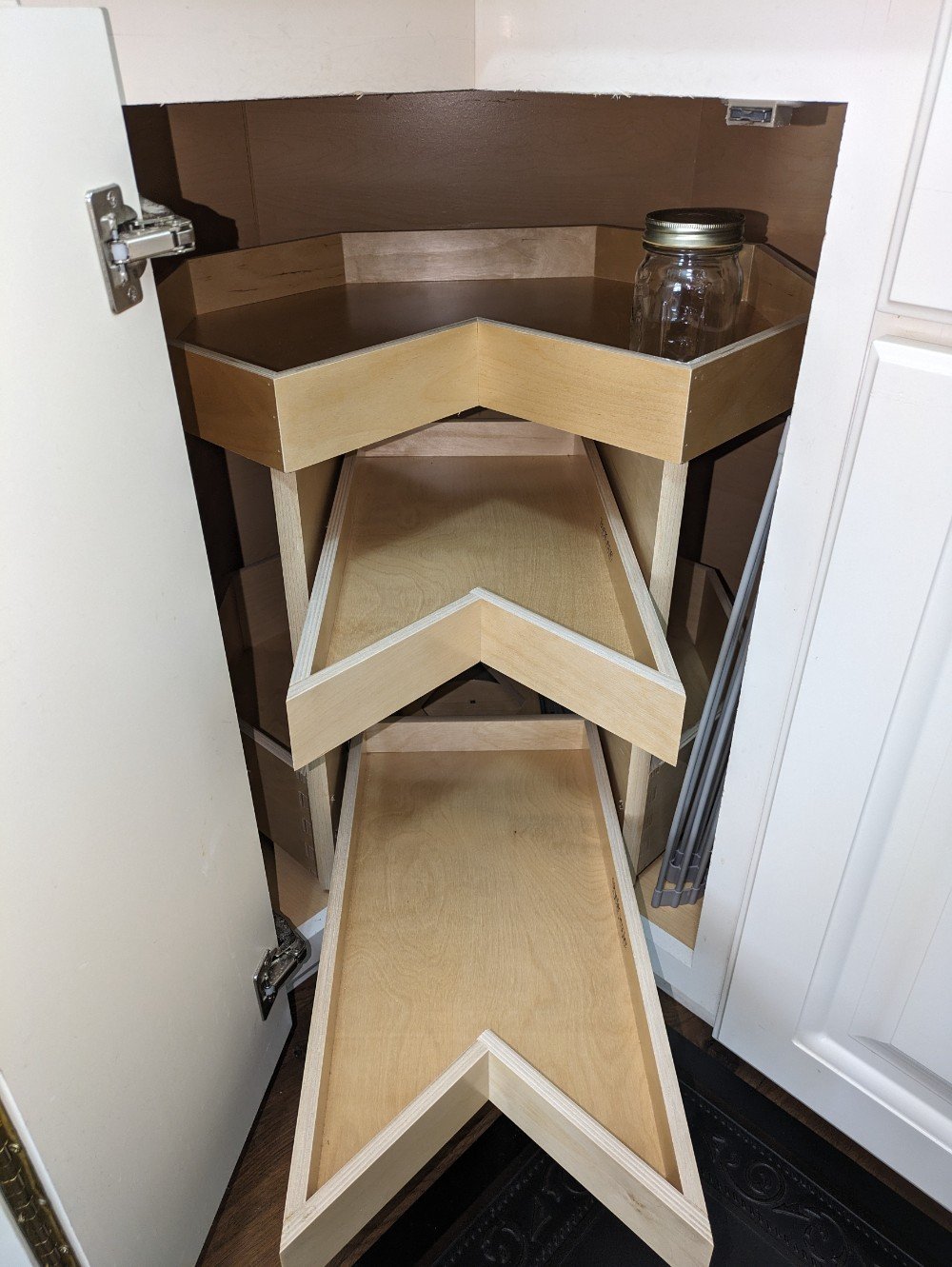 Our Glide-Arounds are fantastic in corner cabinets - they rotate 360* plus they have glide-out shelves!