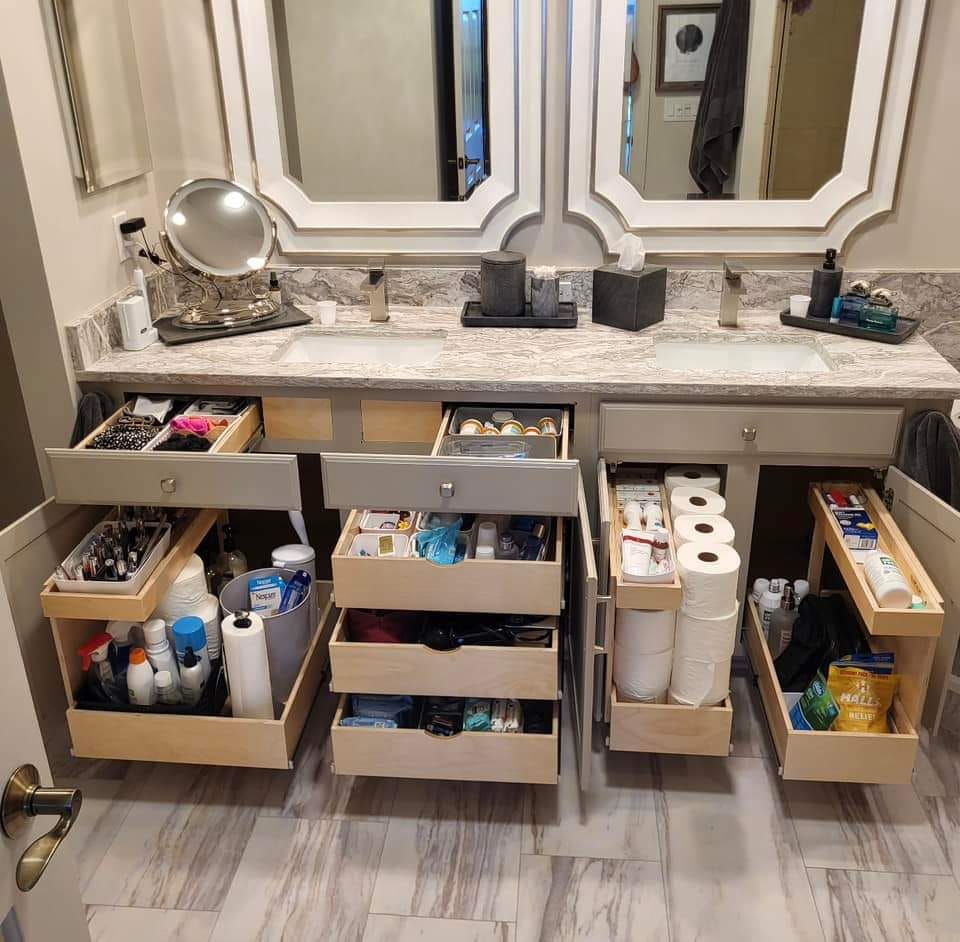 under sink shelves, bathroom shelving, bathroom organizers, under sink storage, pipe cut outs