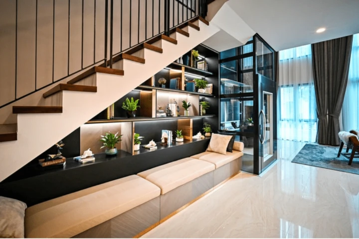 Built-in-bookshelf under stairs.