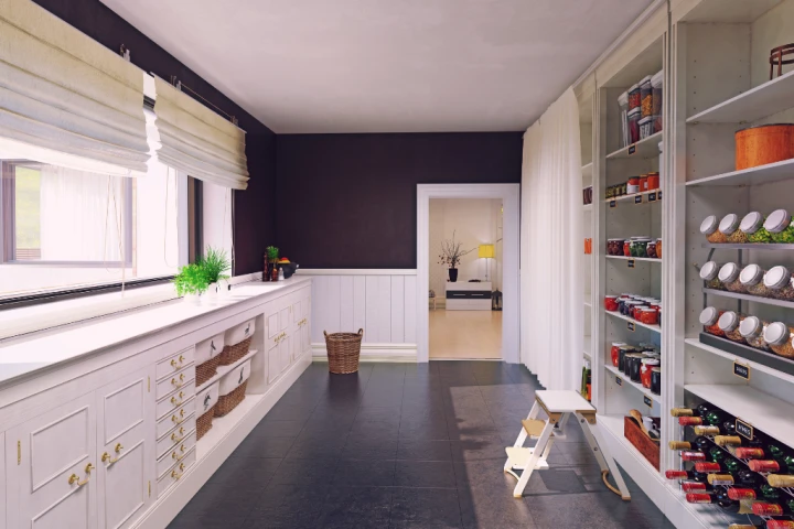 a room with shelves and a ladder.