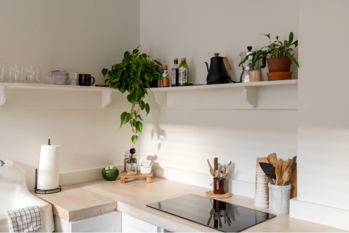 Floating shelves with green plants, bottles and utensils.