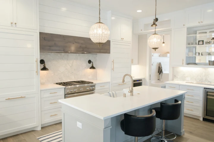 Kitchen with bright lights.