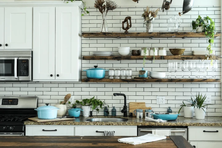 Kitchen with Open Shelves to make a small kitchen look bigger.